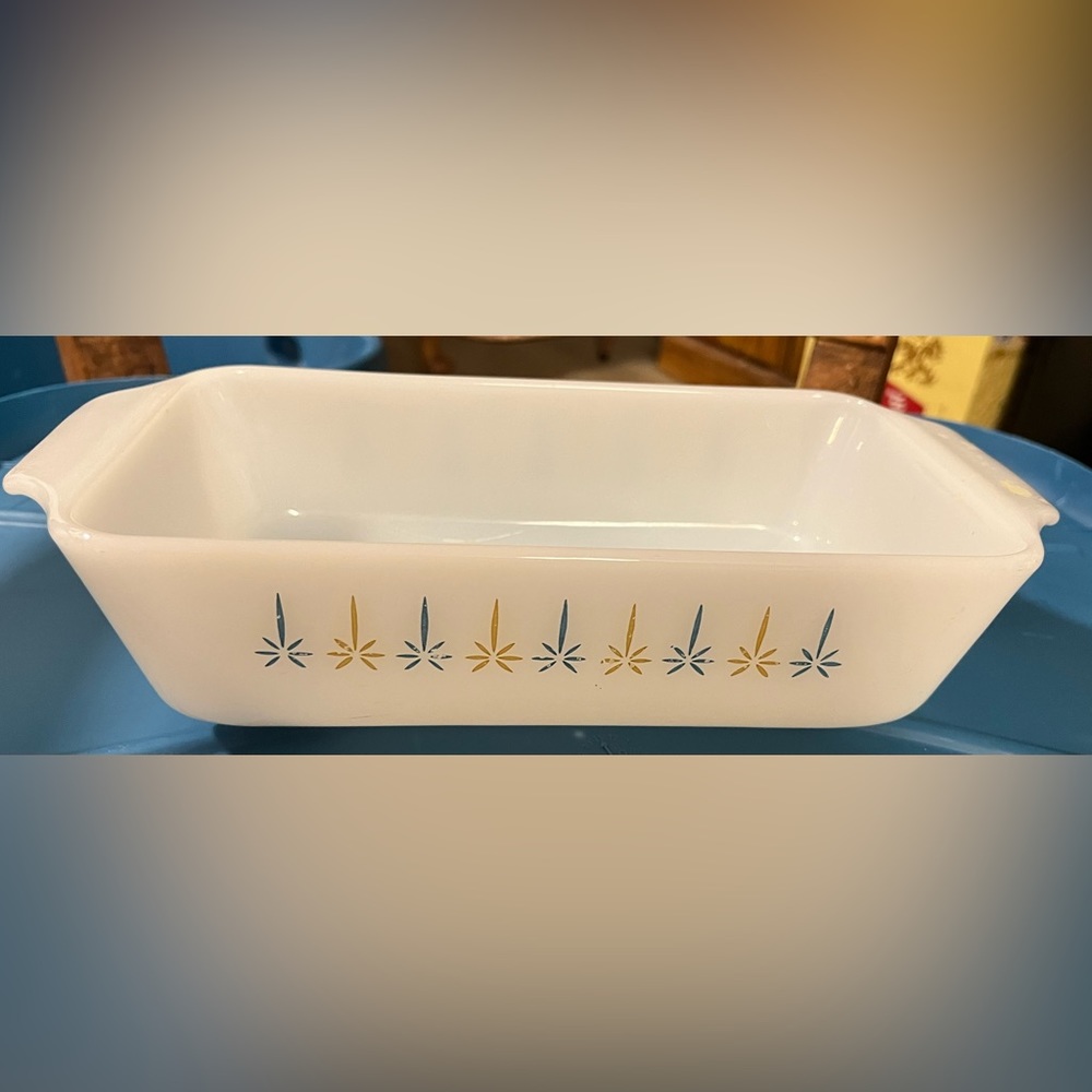 Vintage Fire King Candle Glow pattern meat loaf pan by Anchor Hocking.
